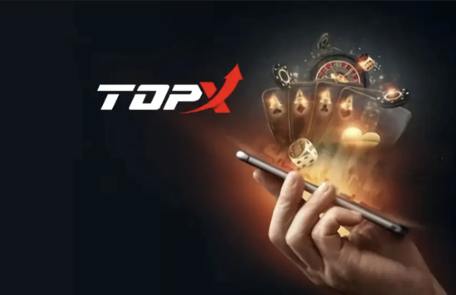 Imagem de marca da TopX: celular em mãos com cartas ao fundo